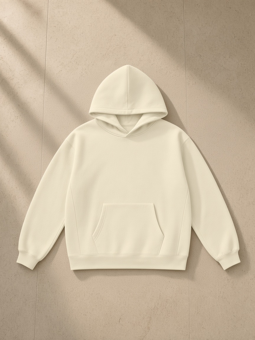 Oversize Heavyweight Fleece Hoodie in Bone, laid flat on pale limestone, front.