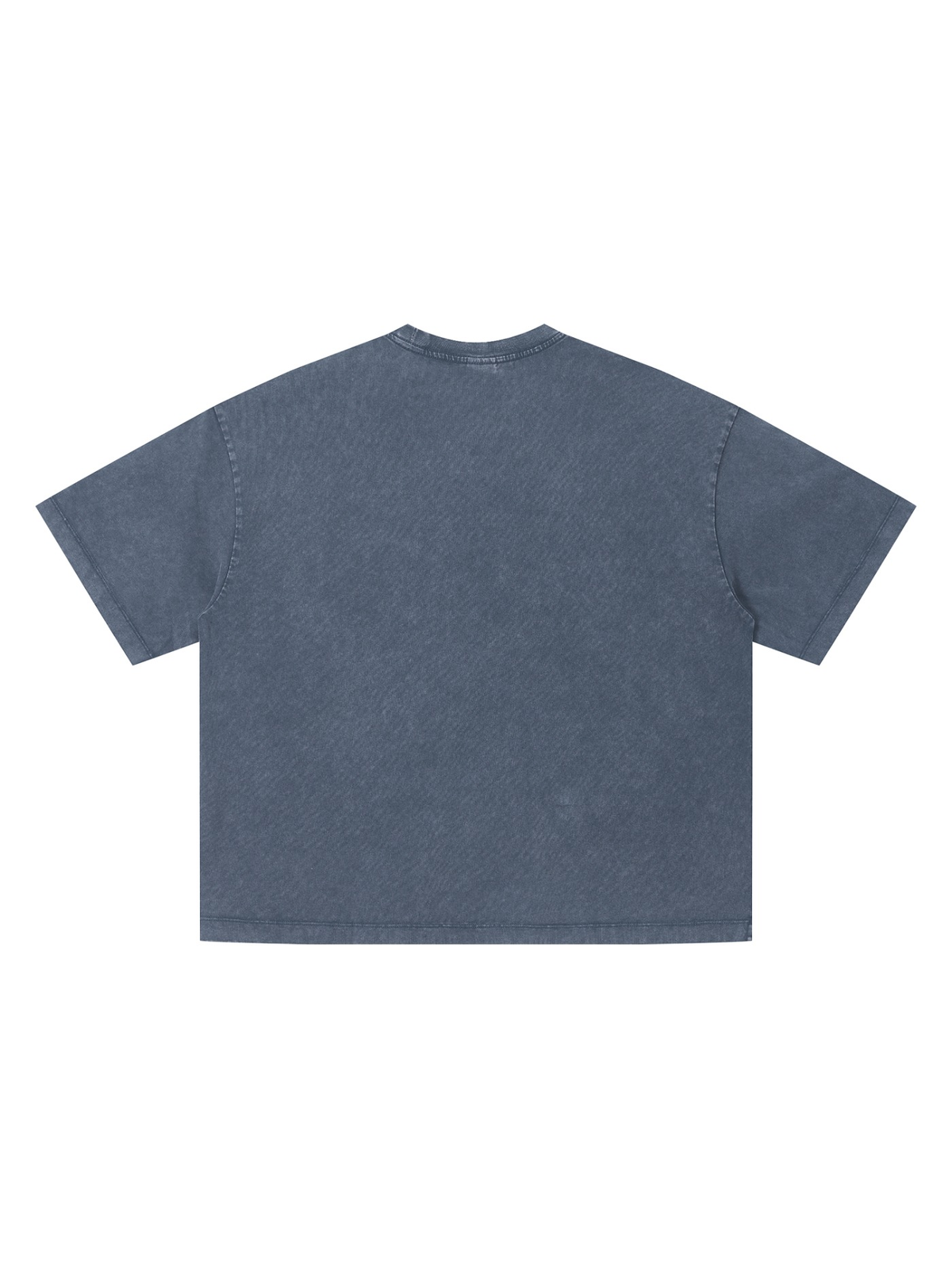 Vintage Wash Boxy T-Shirt in Navy Blue, laid flat on pale limestone, back.