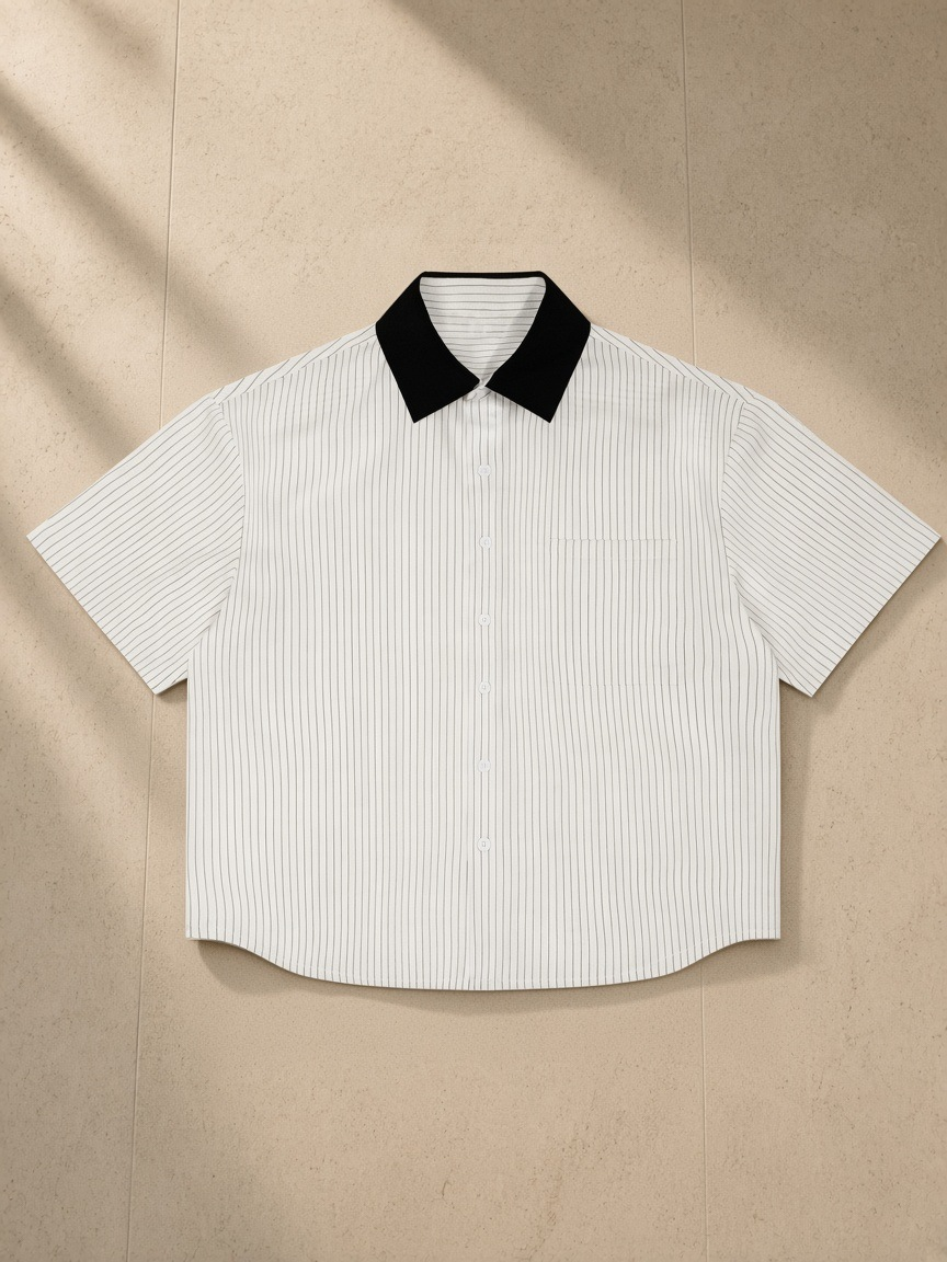 Striped Boxy Contrast Collar Shirt in White, laid flat on pale limestone