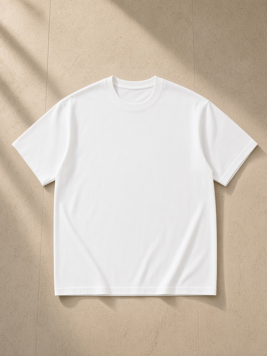 Unisex cotton t-shirt in White, laid flat on pale limestone