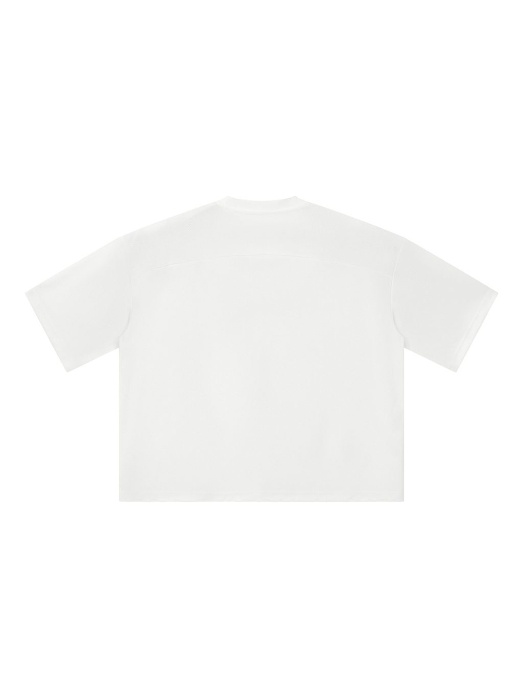 Unisex boxy mesh crewneck t-shirt in White, back view on white. Marcel Afters