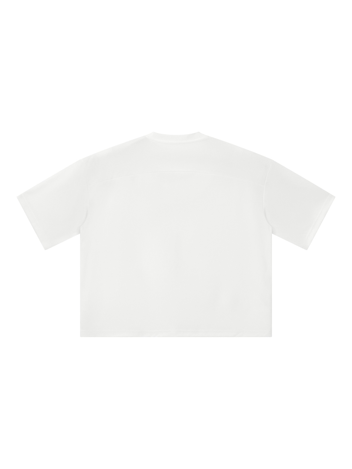 Boxy Mesh Crewneck T-Shirt in White, laid flat on pale limestone, back view