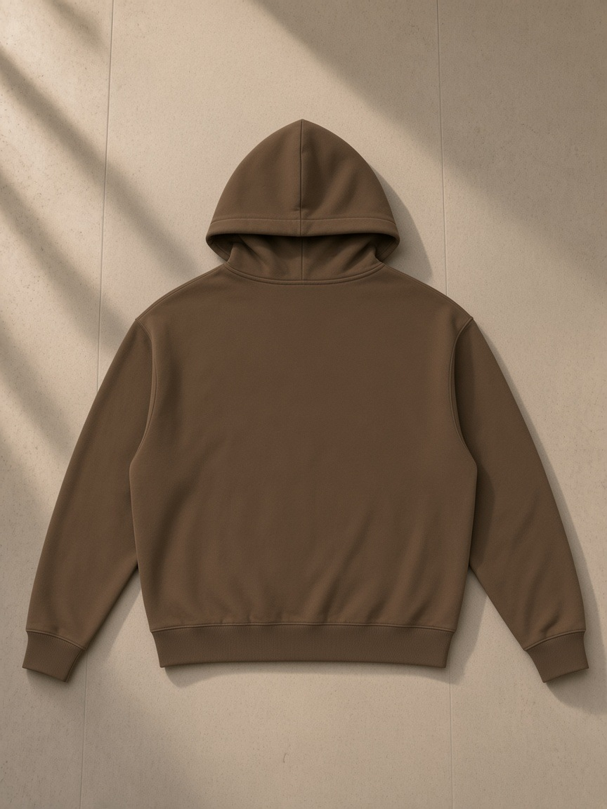Unisex loose full zip hoodie in Coffee, laid flat on pale limestone, back view
