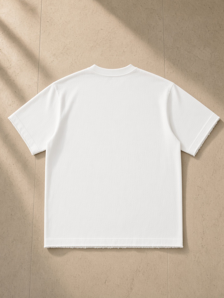 Men's Heavyweight Vintage Washed Frayed T-Shirt in White, laid flat on pale limestone, back.