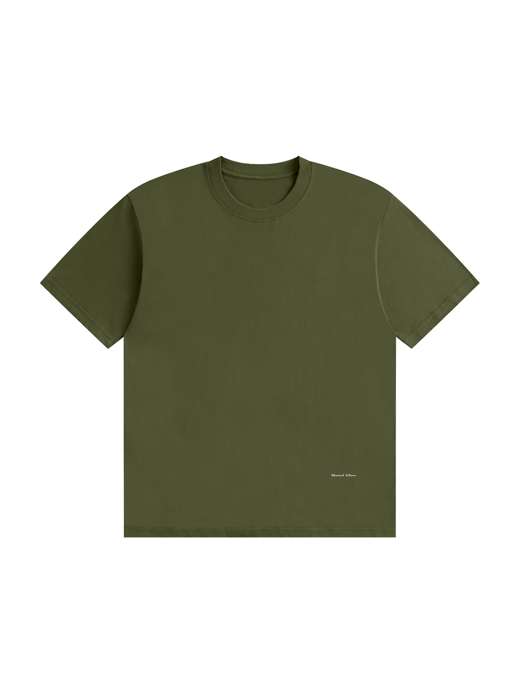 Unisex seamless cotton t-shirt in Army Green, front view on white. Marcel Afters