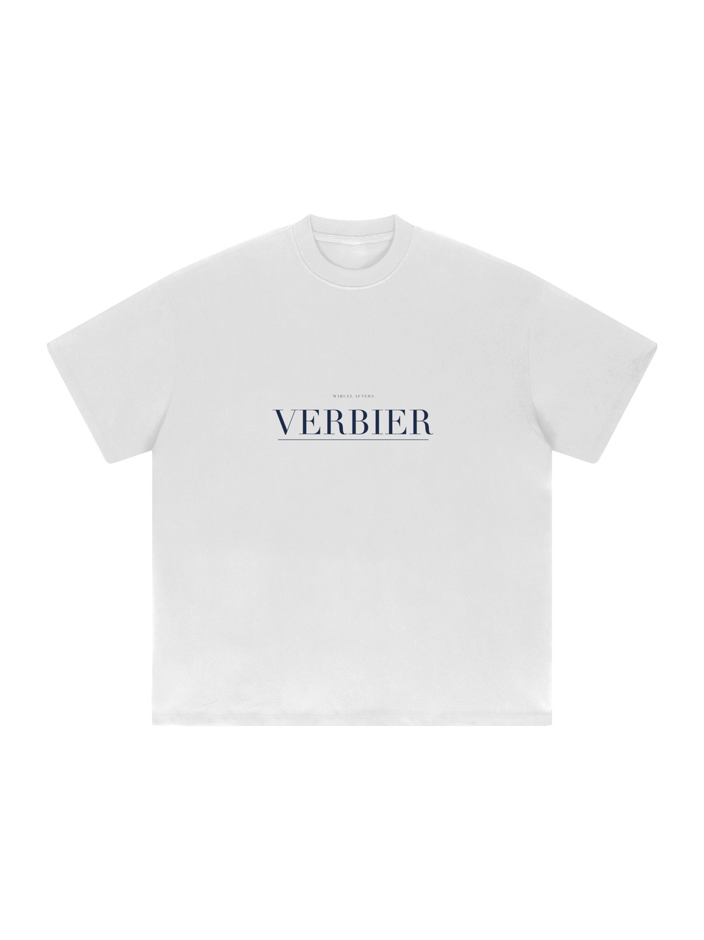 Verbier Heavyweight Drop Shoulder T-Shirt by Marcel Afters in White, front view with the printed artwork, on white