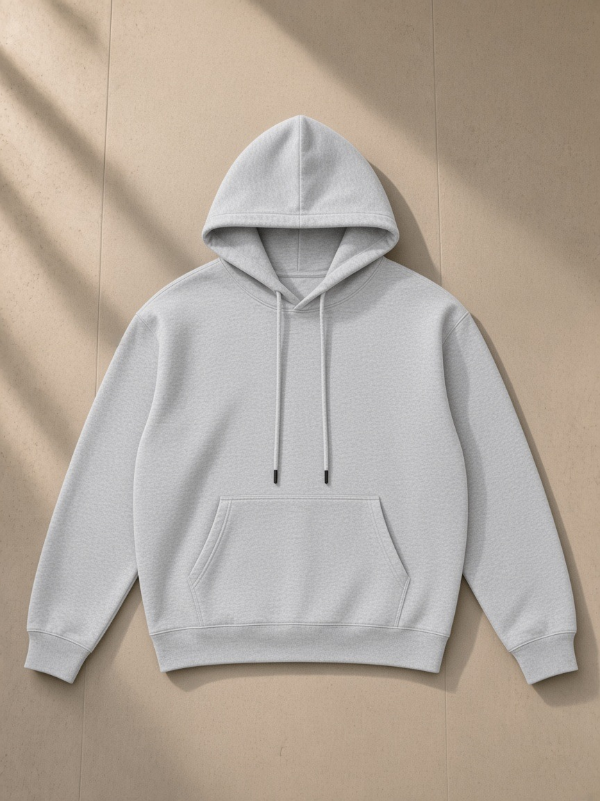 Streetwear Fleece Hoodie in Flower Gray, laid flat on pale limestone