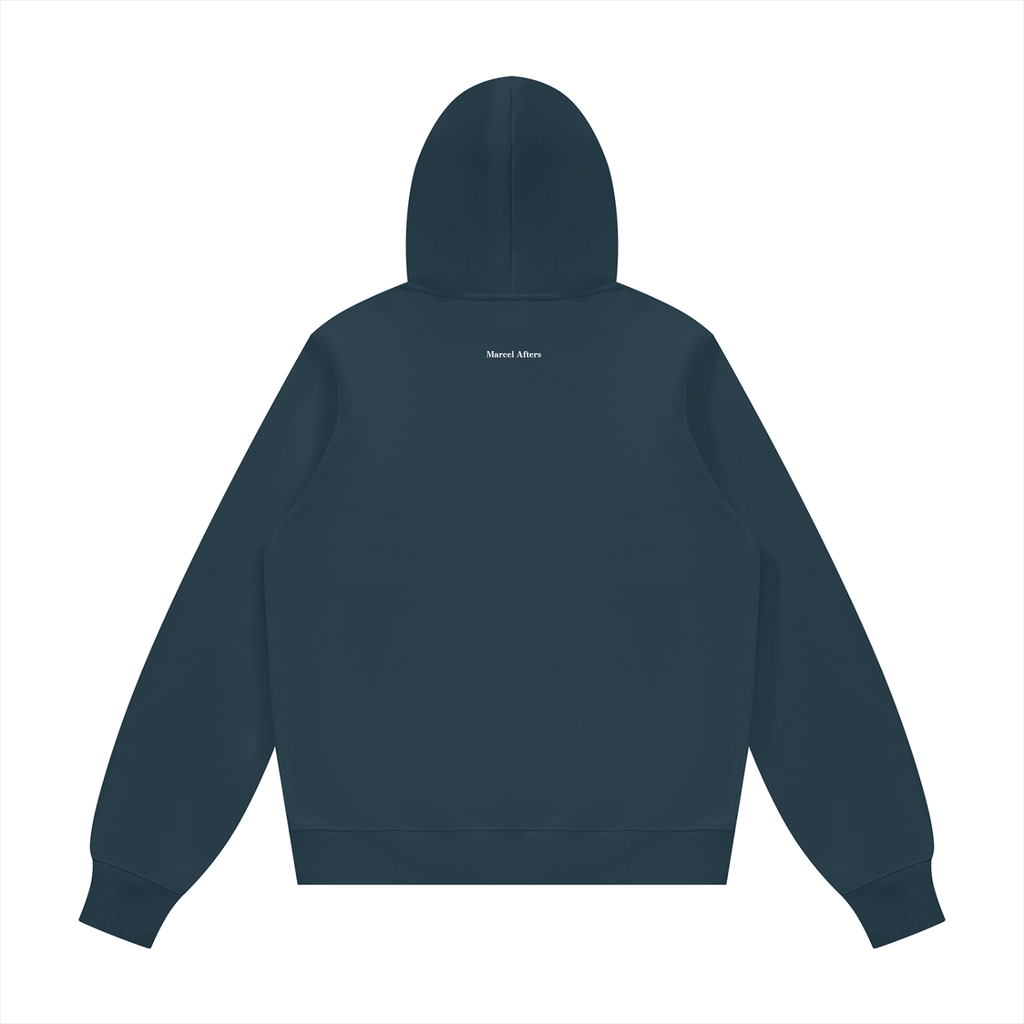 Unisex fleece regular shoulder hoodie in Navy Blue, back view on white. Marcel Afters