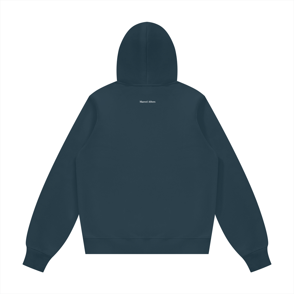 Unisex fleece regular shoulder hoodie in Navy Blue, back view on white. Marcel Afters