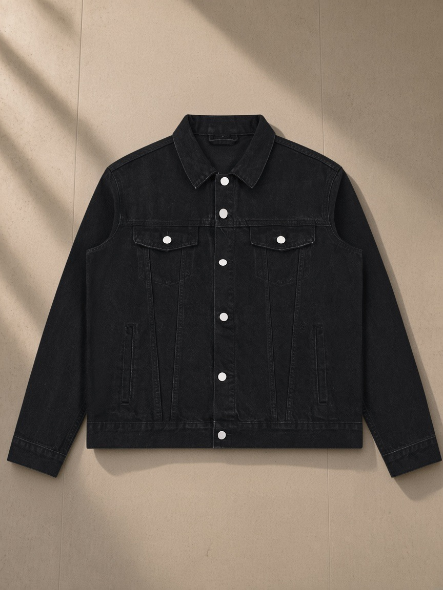 Vintage Wash Denim Jacket in Black, laid flat on pale limestone