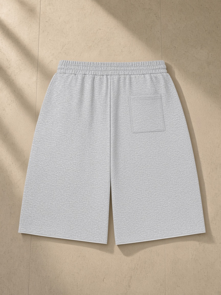 Loose Raw Edge Shorts in Flower Gray, laid flat on pale limestone, back.