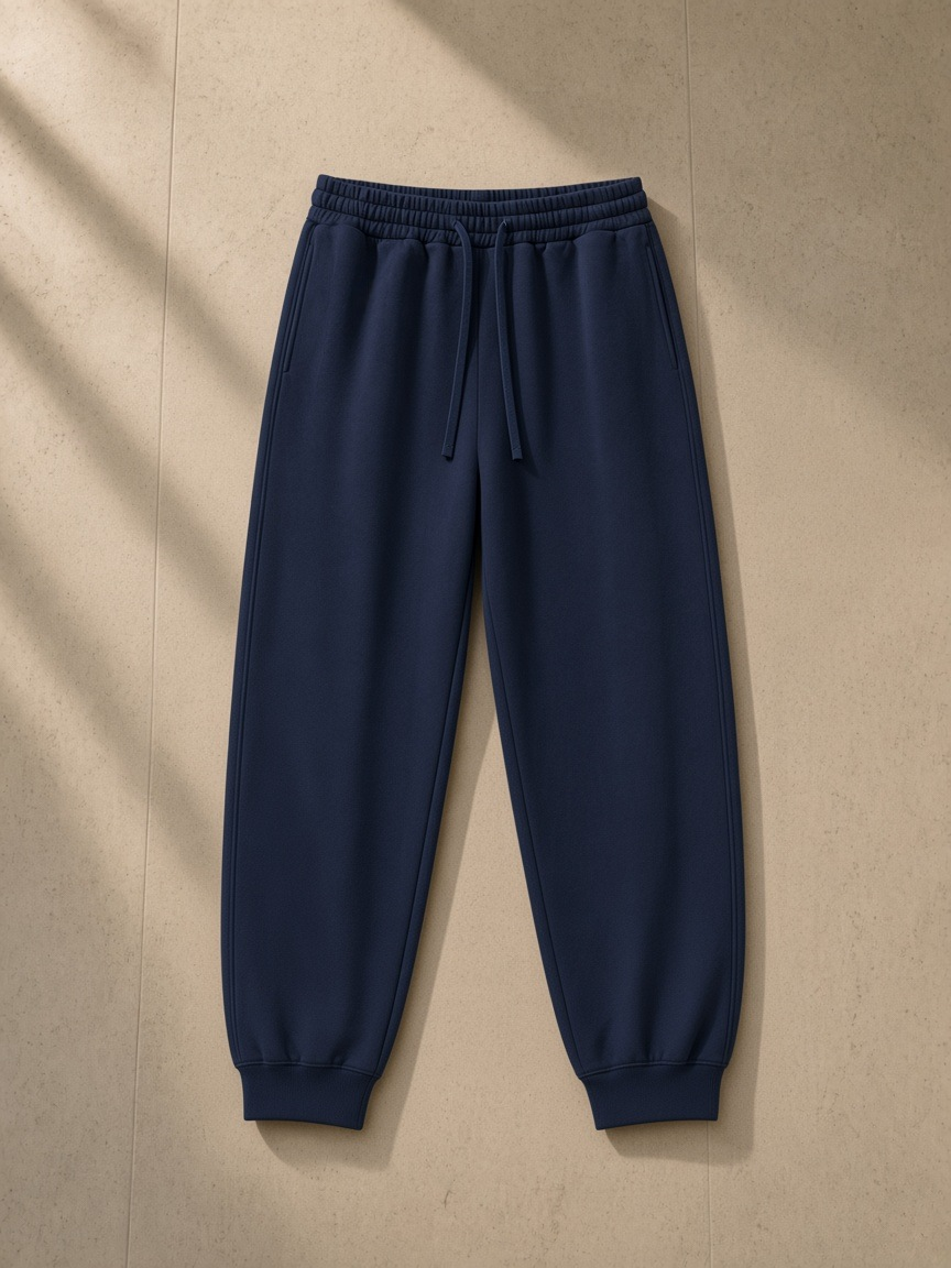 Essential drawstring jogged sweatpants in Navy Blue, laid flat on pale limestone