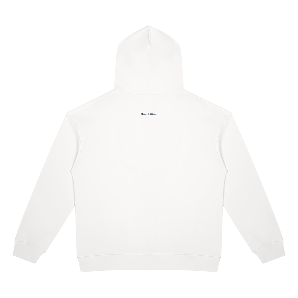 Men's heavyweight full-zip hoodie in White, back view with the small Marcel Afters wordmark across the upper back.