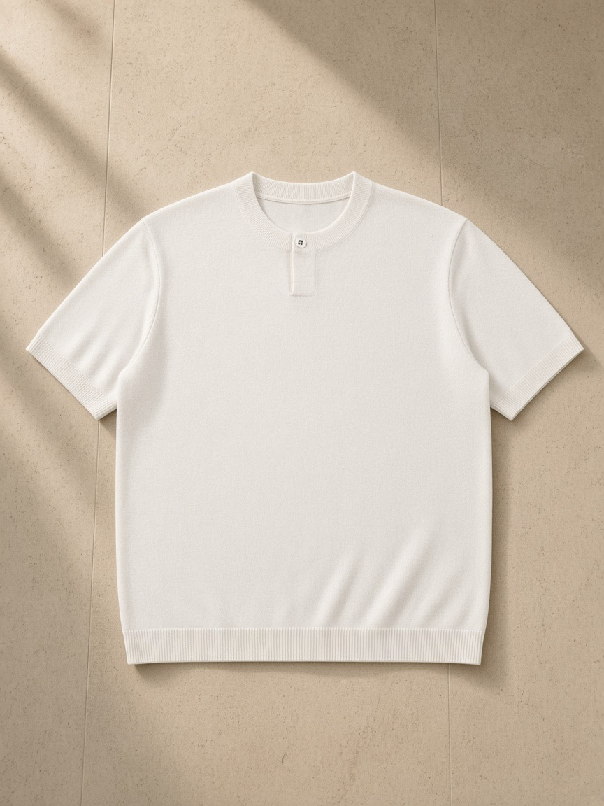 Unisex cotton knit short sleeve henley t-shirt in White, laid flat on pale limestone