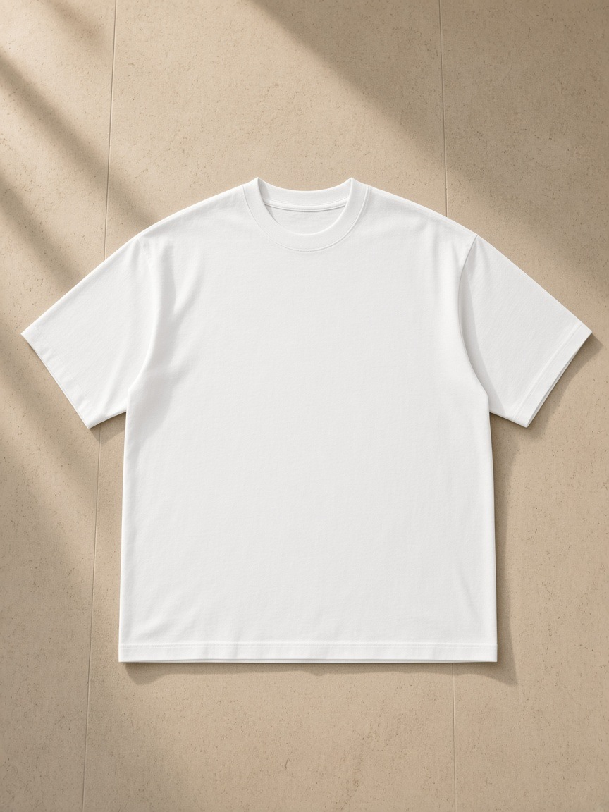 Unisex classic loose boxy tee in White, laid flat on pale limestone