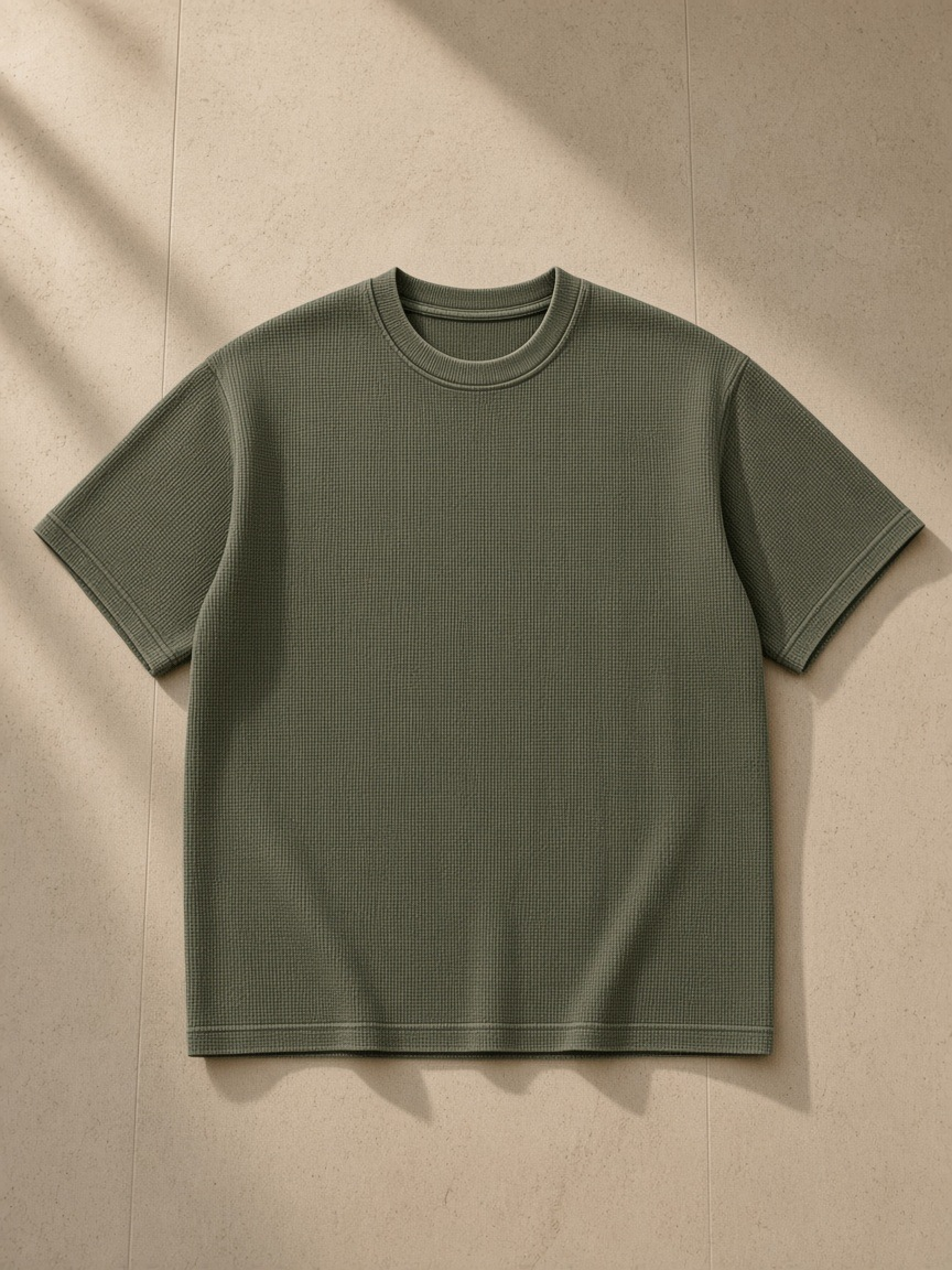 Mineral Wash Waffle Knit T-Shirt in Army Green, laid flat on pale limestone