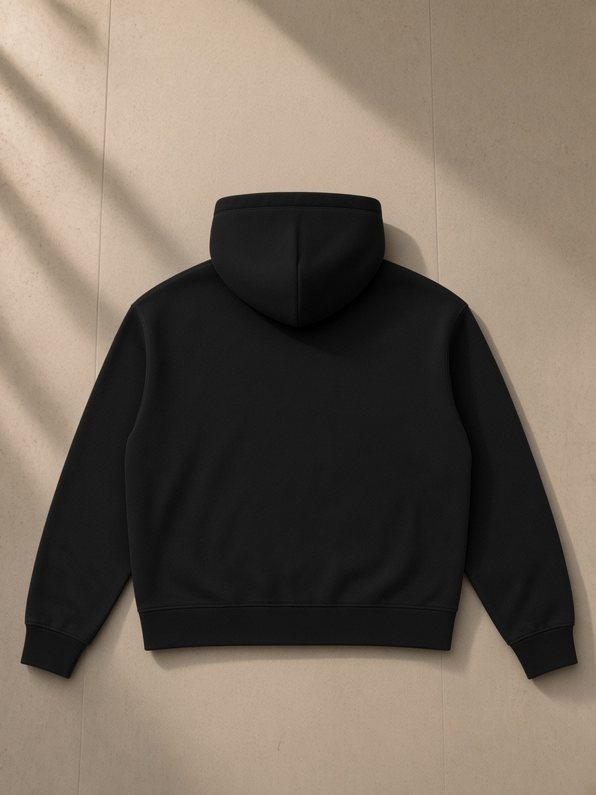 Women's heavyweight boxy full-zip hoodie in Black, laid flat on pale limestone, back view