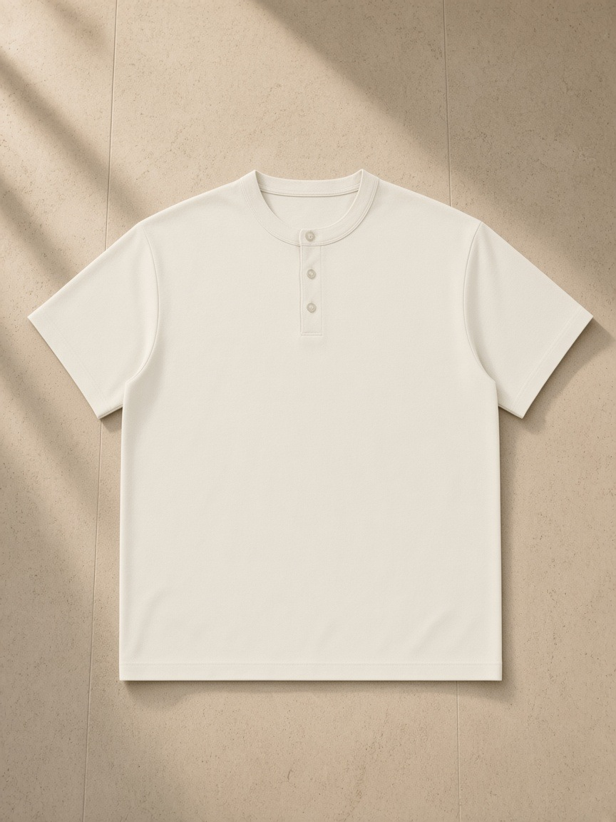Short Sleeve Henley Shirt in Light Gray, laid flat on pale limestone