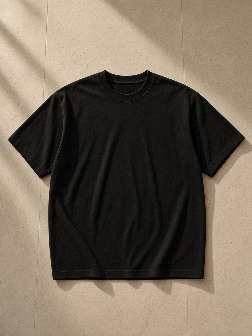 Unisex heavyweight oversized t-shirt in Black, laid flat on pale limestone