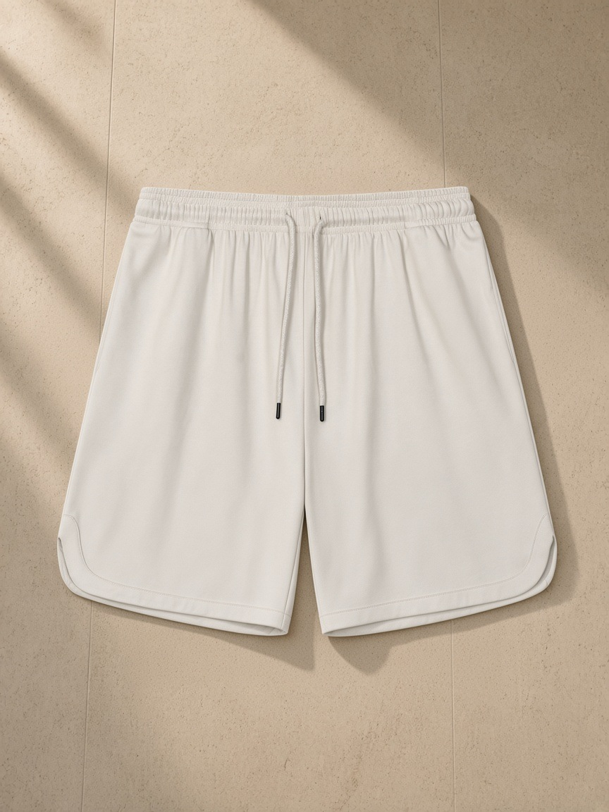 Mesh-Lined Quick-Dry Performance Shorts in Grayish White, laid flat on pale limestone