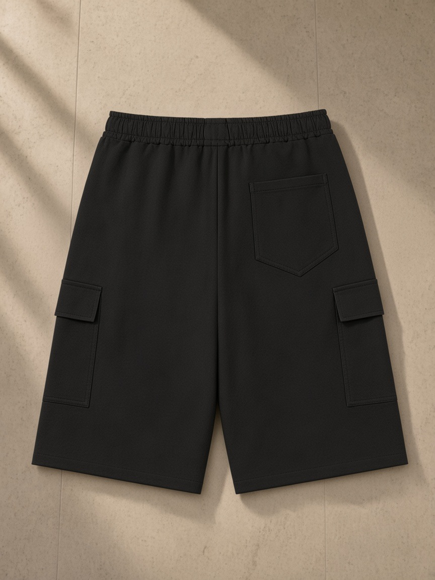Drawstring Cargo Shorts in Black, laid flat on pale limestone, back.