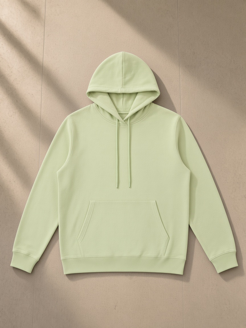 Essential oversized hoodie in Light Green, laid flat on pale limestone