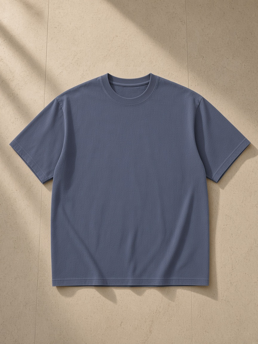 Vintage Washed Oversized Cotton T-Shirt in Navy Blue, laid flat on pale limestone