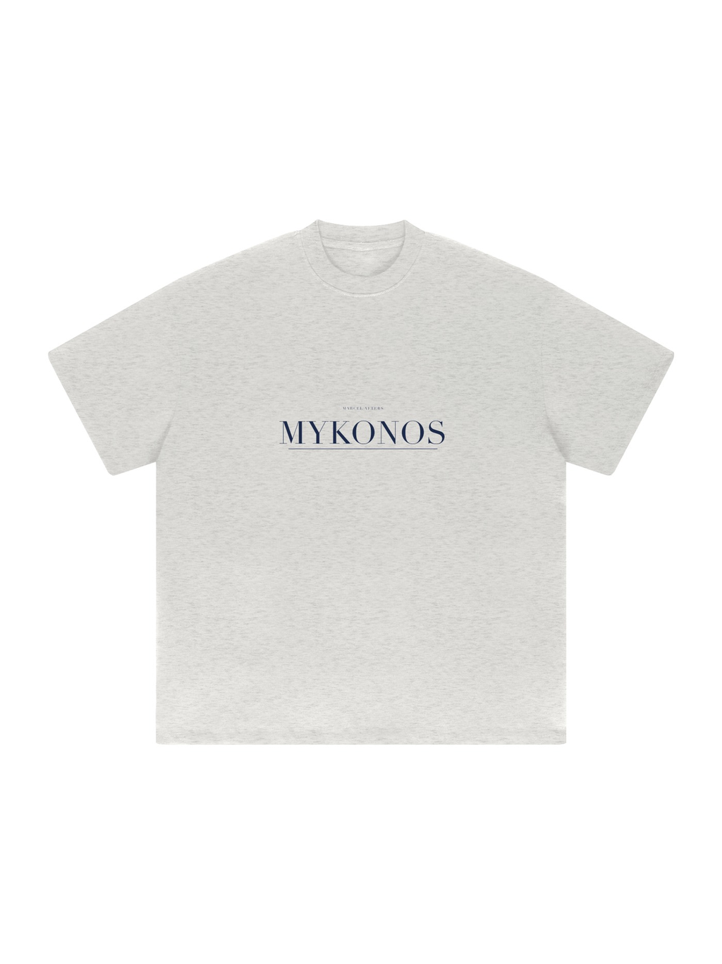 Mykonos Heavyweight Drop Shoulder T-Shirt by Marcel Afters in Oat Gray, front view with the printed artwork, on white