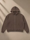 Vintage Wash Boxy Waffle Full Zip Hoodie in Brown, laid flat on pale limestone, front.