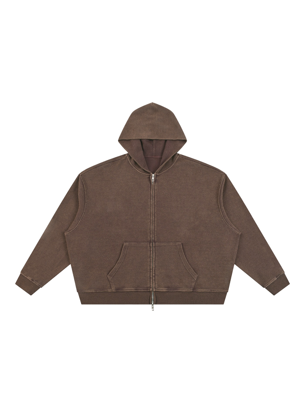 Unisex vintage wash boxy waffle full zip hoodie in Brown, front view on white. Marcel Afters