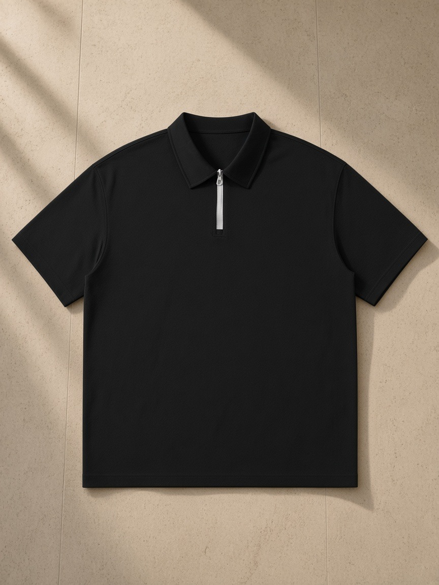 Quarter-Zip Knit Polo in Black, laid flat on pale limestone