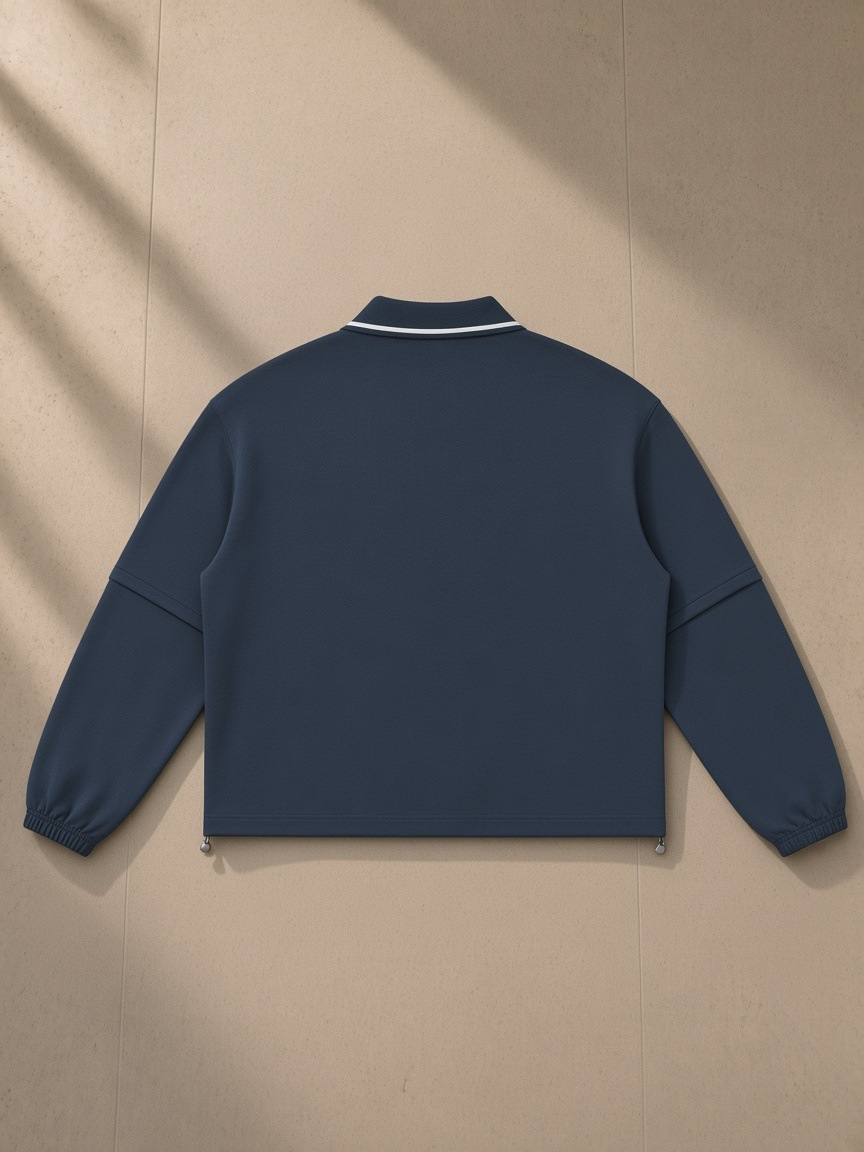 Boxy Detachable Collar Sweatshirt in Navy Blue, laid flat on pale limestone, back view