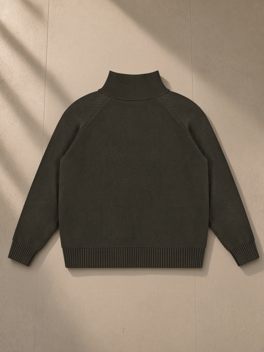 Heavyweight Collared Quarter-Zip in Brown, laid flat on pale limestone, back view