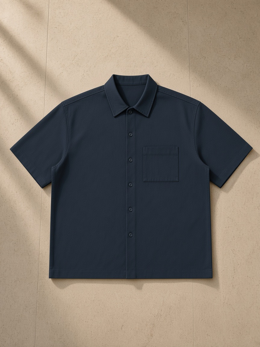 Boxy patch pocket short sleeve shirt in Navy Blue, laid flat on pale limestone