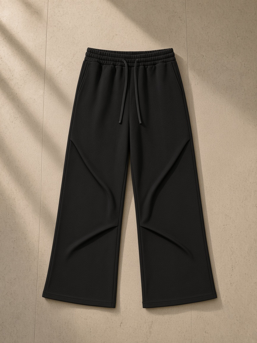 Wide Leg Drawstring Sweatpants in Black, laid flat on pale limestone