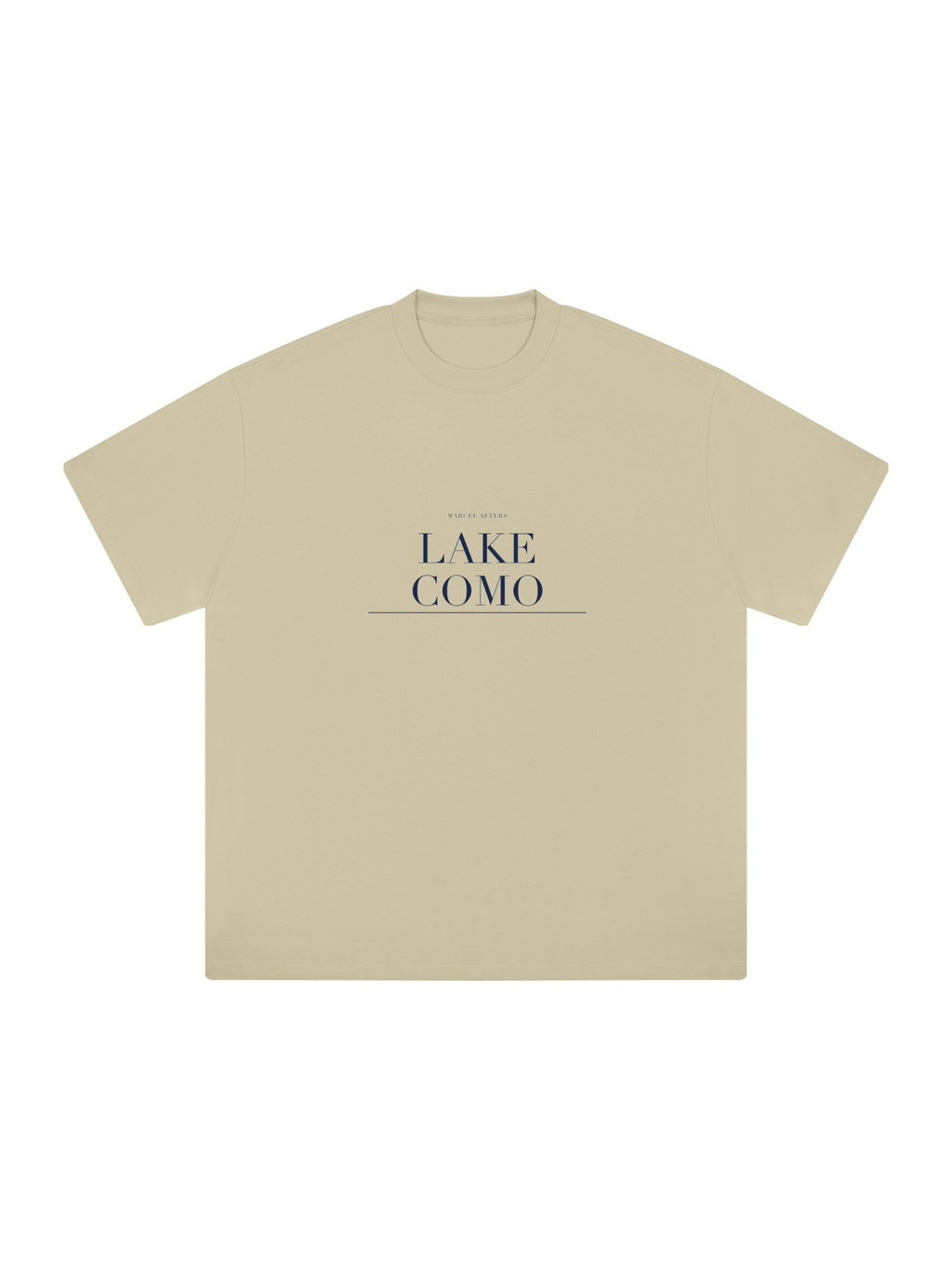 Lake Como Heavyweight Drop Shoulder T-Shirt by Marcel Afters in Pale Khaki, front view with the printed artwork, on white