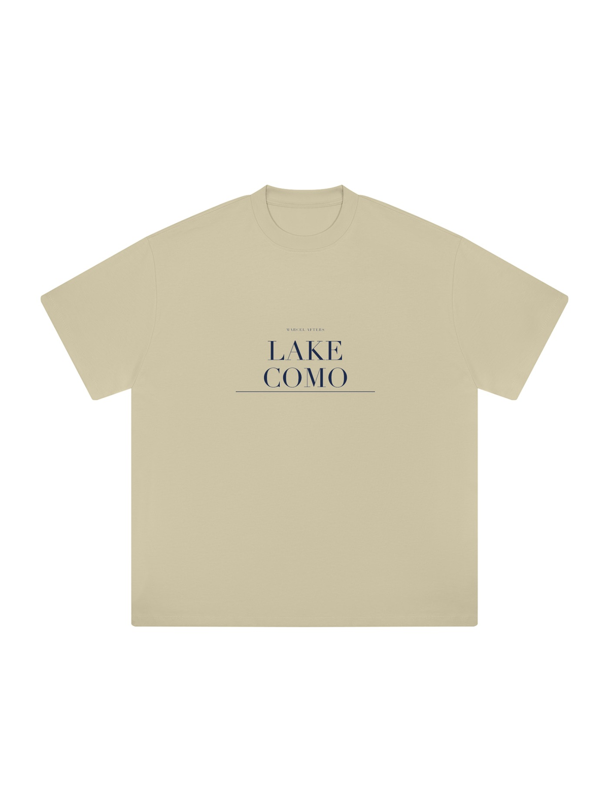 Lake Como Heavyweight Drop Shoulder T-Shirt by Marcel Afters in Pale Khaki, front view with the printed artwork, on white