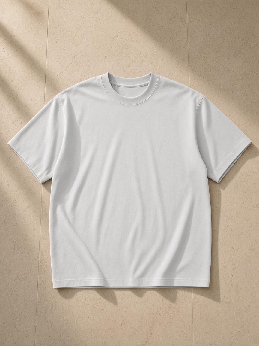 Loose fit crewneck t-shirt in Light Gray, laid flat on pale limestone
