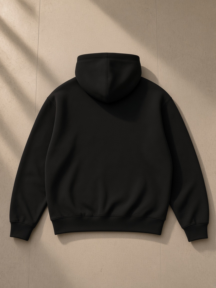 Unisex heavyweight fleece boxy hoodie in Black tossed over a bouclé armchair in a Tribeca loft at night