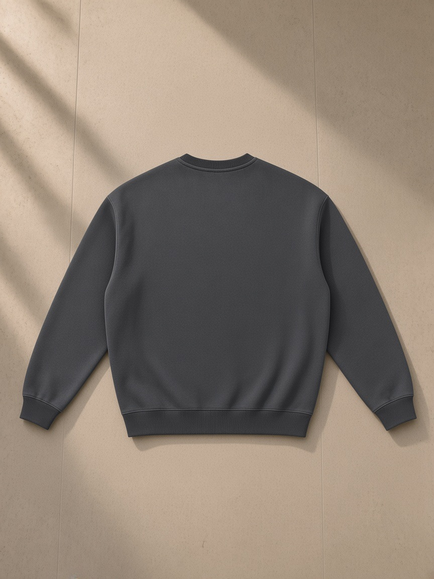 Fleeced sweatshirt in Dark Gray, laid flat on pale limestone, back view