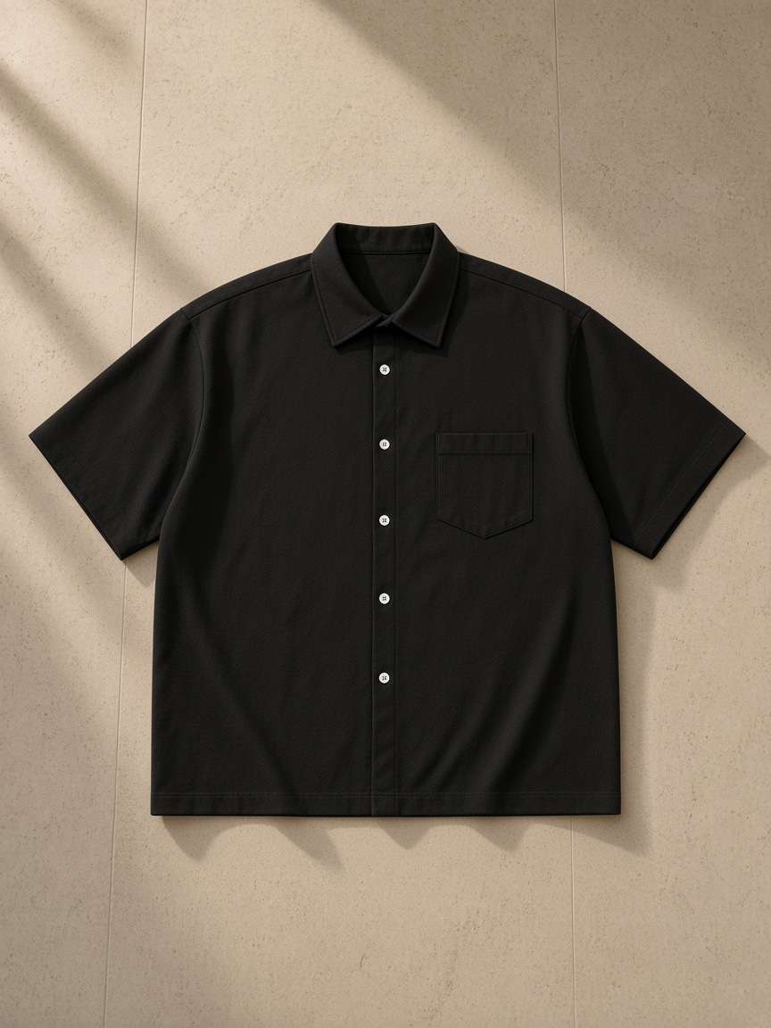 Boxy heavyweight short sleeve shirt in Black, laid flat on pale limestone