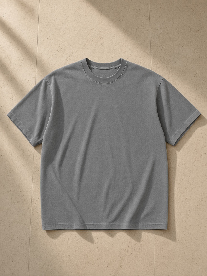 Vintage Washed Oversized Cotton T-Shirt in Gray, laid flat on pale limestone