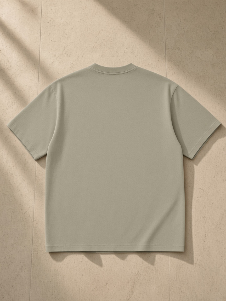 Heavyweight Loose Fit T-Shirt in Greyish Green, laid flat on pale limestone, back.