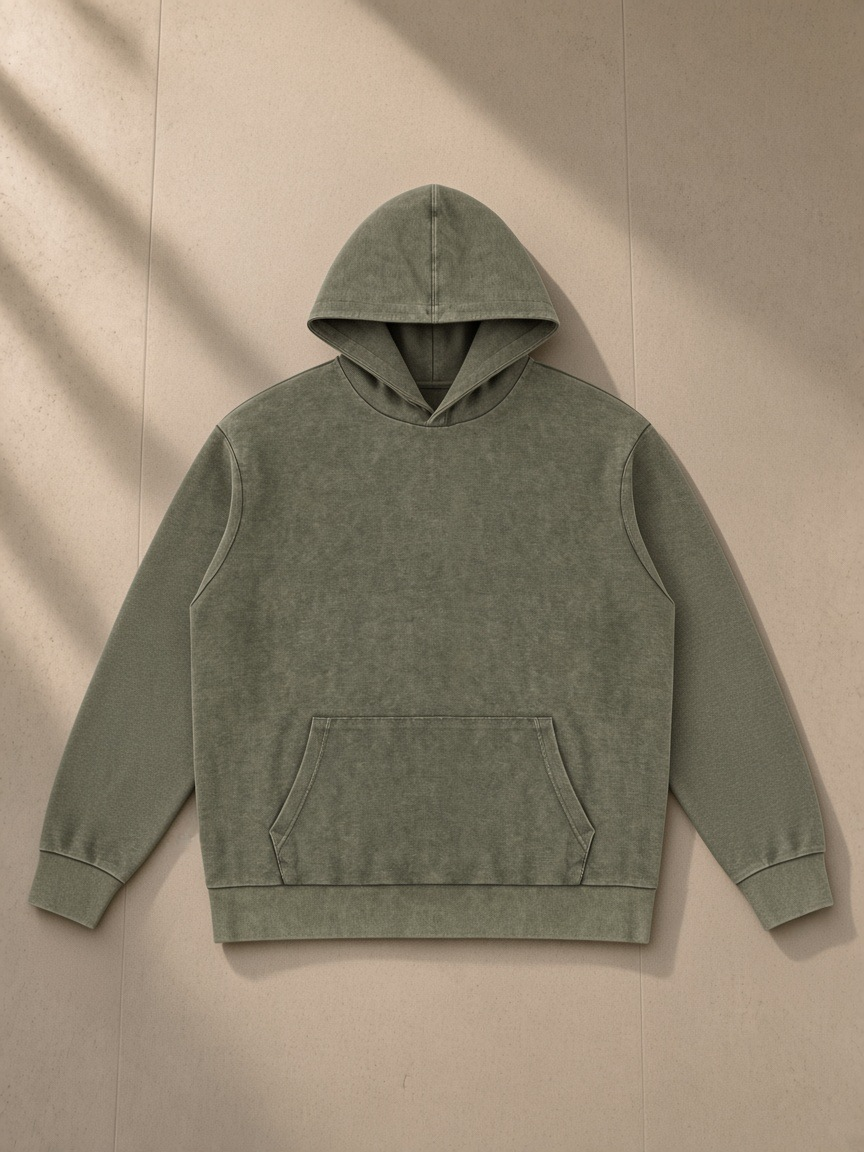 Mineral Wash Oversized Hoodie in Army Green, laid flat on pale limestone