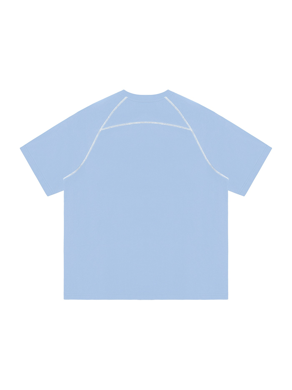 Unisex contrast stitch raglan t-shirt in Sky Blue, back view on white. Marcel Afters
