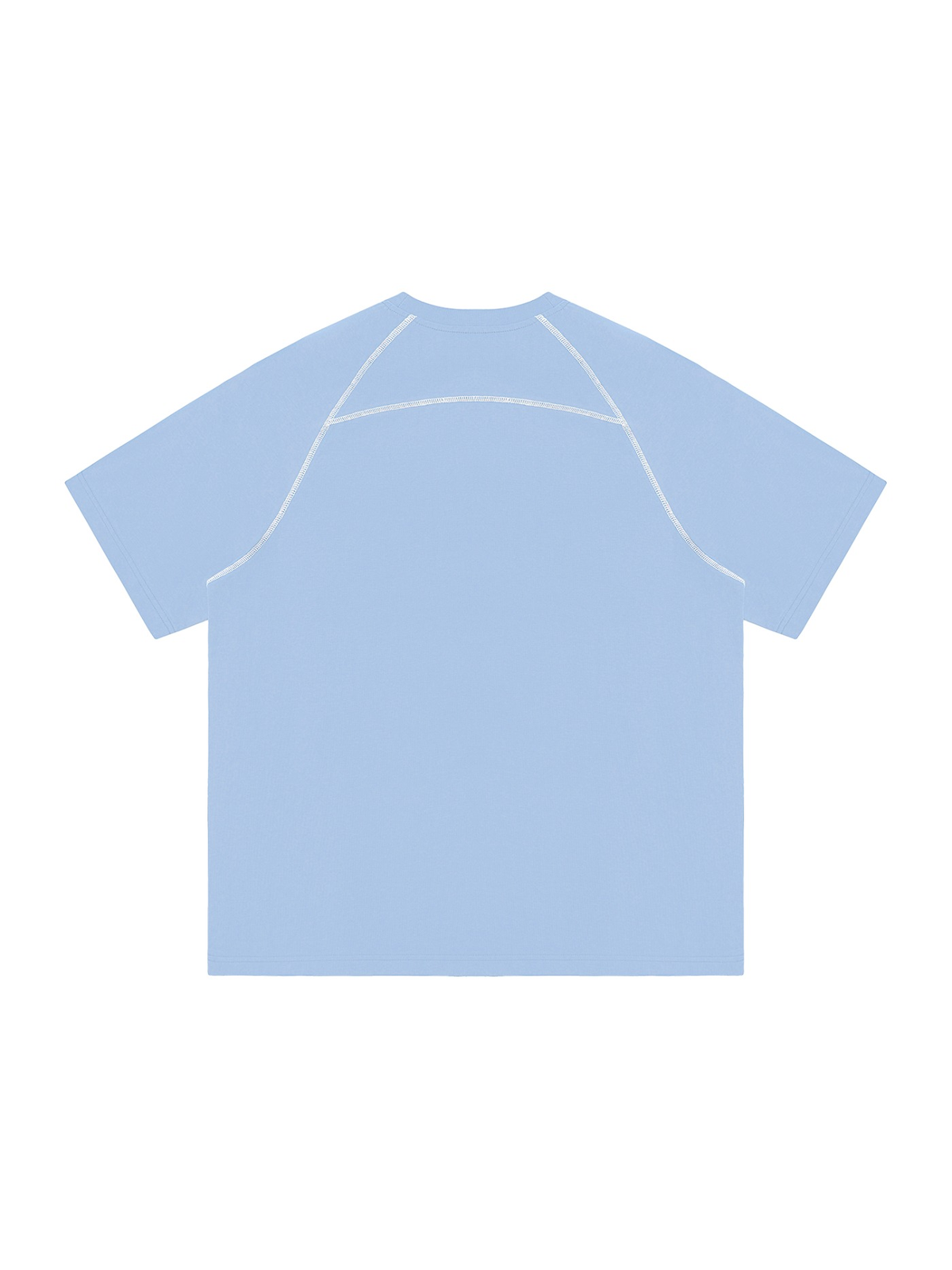 Contrast Stitch Raglan T-Shirt in Sky Blue, laid flat on pale limestone, back.
