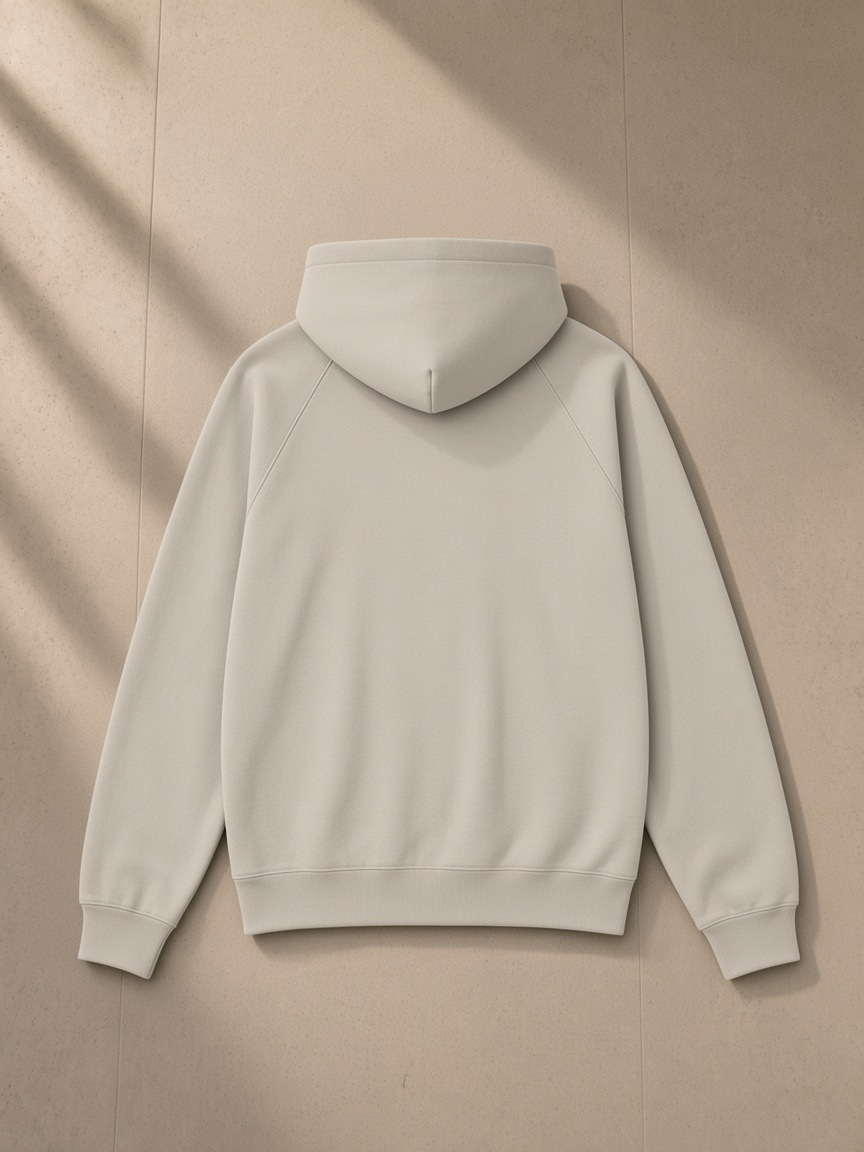 Essential Raglan Sleeve Fleece Hoodie in Oat Gray, laid flat on pale limestone, back view