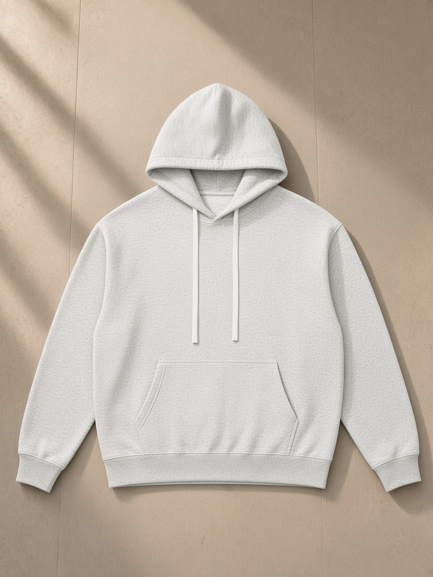 Unisex oversized drop shoulder hoodie in Flower Gray, laid flat on pale limestone