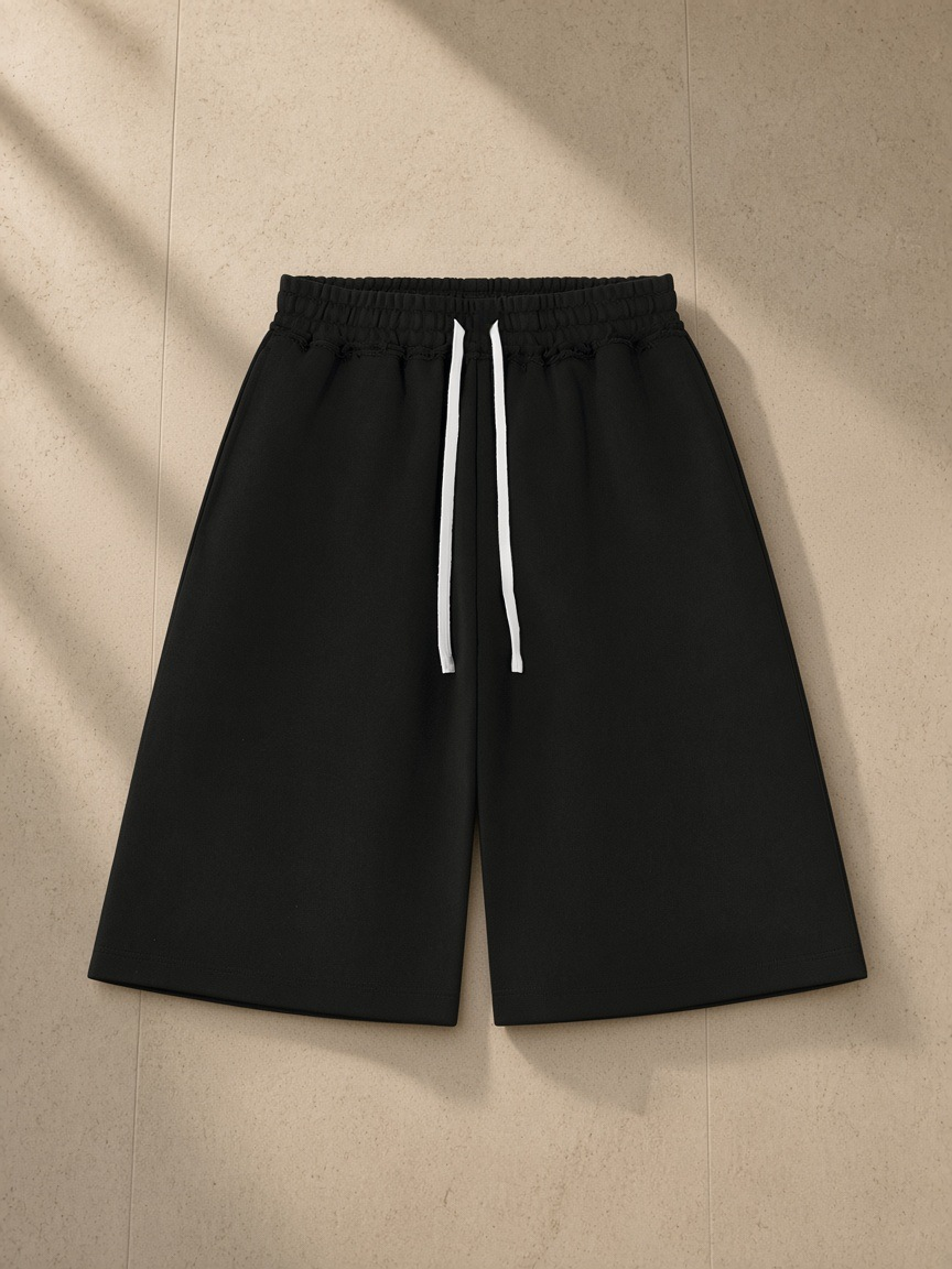 Heavyweight Raw Edge Shorts in Black, laid flat on pale limestone