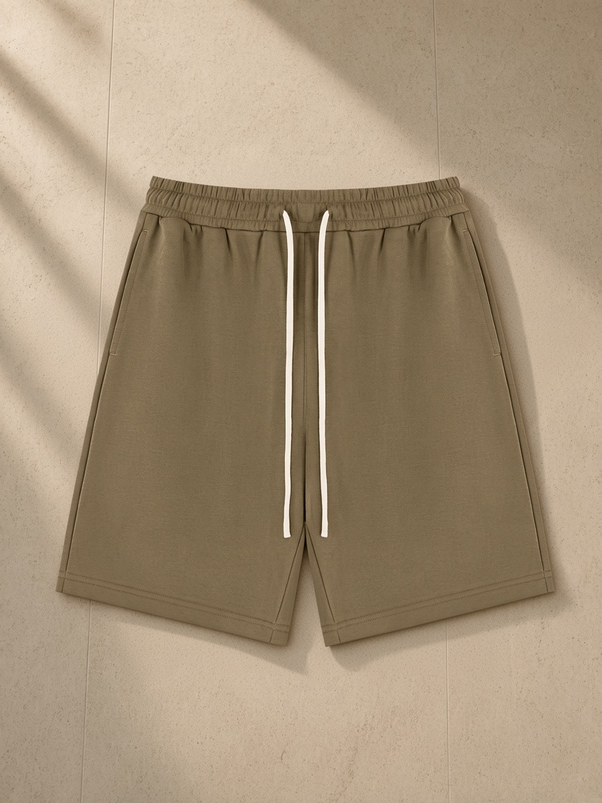 Drawstring shorts in Coffee, laid flat on pale limestone
